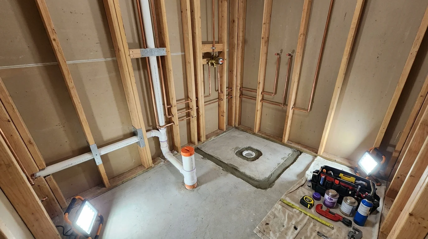 Bathroom rough-in plumbing during remodel by Johns Plumbing LLC in Tionesta