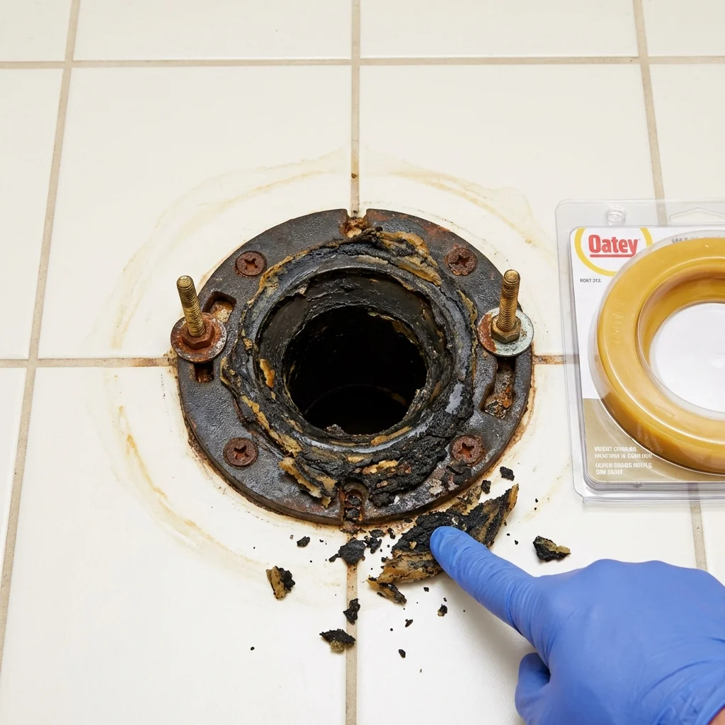 Failed wax ring showing water seepage at the base of a toilet in a Tionesta, PA home