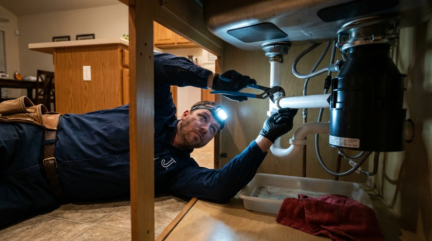 P-trap and supply line connections under a kitchen sink showing a common leak point in Tionesta, PA